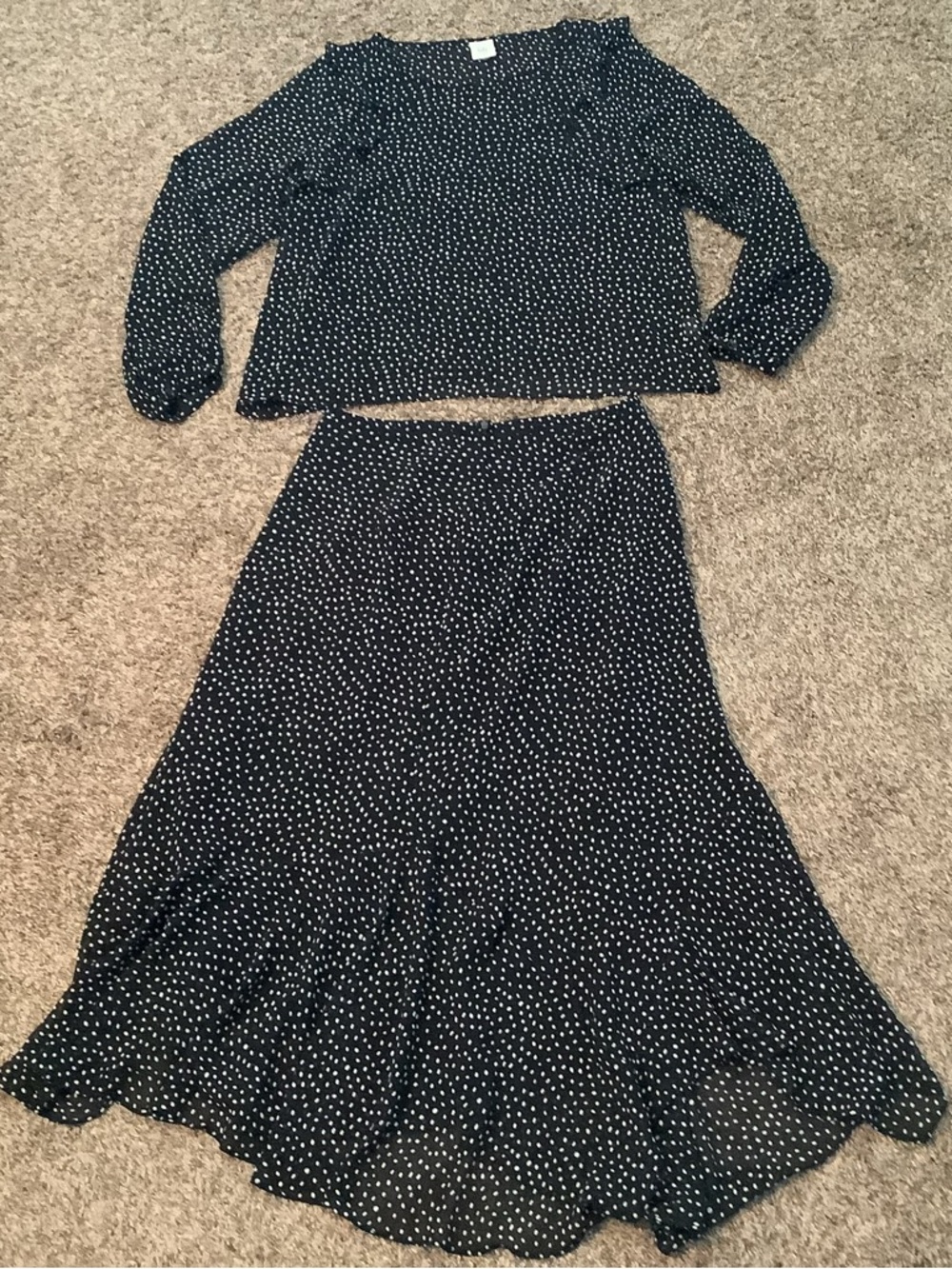 Cabi polkadot top & skirt set, size: L top & size: 12 skirt